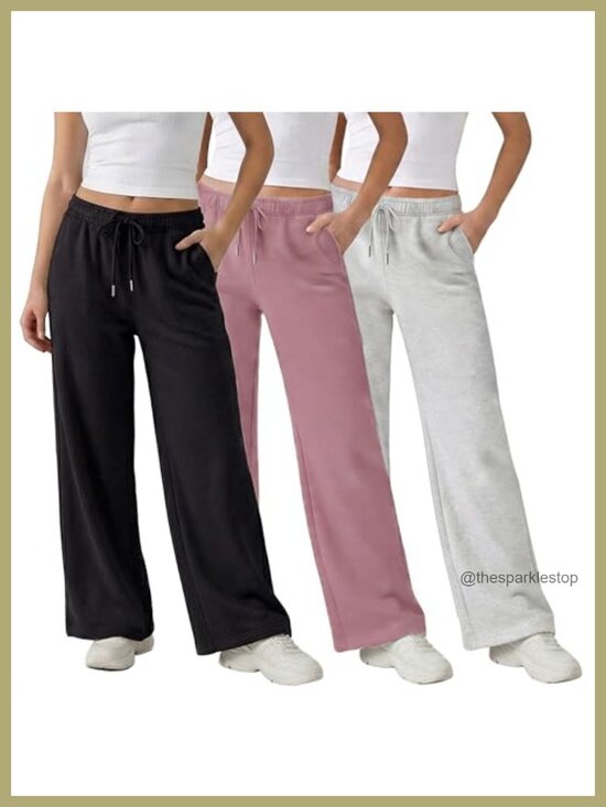 Pants - 3 Pack Wide Leg Fleece Sweatpants for Women, Deep Pockets, Drawstring Waist,
